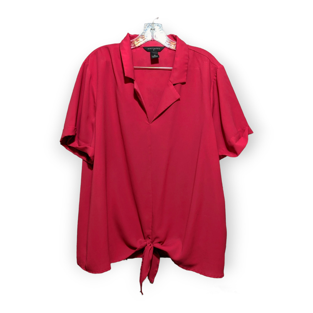 Investments Hot Pink Fuchsia Tie Bottom Collared Short Sleeve Blouse Top 2X